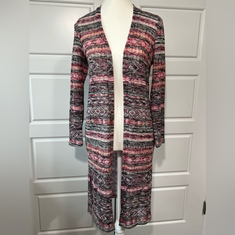 Pink Republic Knit Duster Cardigan Open Front Pink Gray‎ Long Sleeve Sweater MD